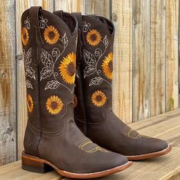 Boots Women Coffee Brown Embroidery PU Leather Printed Western Cowboy Deep Vmouth High Tube Casual Classic 230818