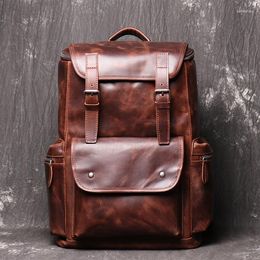 Backpack Retro Style Genuine Leather Men Bag Large Capacity For Both And Women