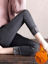 Women's Jeans Vintage Velvet Lined Mid Waist Pencil Pants Women Slim Warm Vaquero Pantalones Winter Plush Ankle-length Denim Spodnie