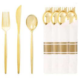 Dinnerware Sets 2Sets Disposable Pre Rolled Napkin Cutlery Set Wrapped Silverware Gold Plastic Tableware For Party Wedding