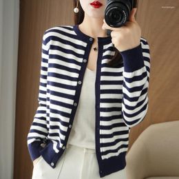 Women's Knits Striped Long Sleeve Knitted Cardigan Short Coat Round Neck Sweater Fashionable Western Style Ageing Loose Outer Wear