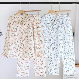 Women's Sleepwear 2023 Cotton Gauze Pyjamas Set Floral Long-Sleeved Sweet Thin Style Nightwear Female Loose Casual Home Clothes Suit