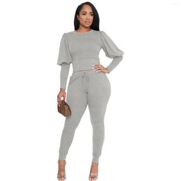 Women's Two Piece Pants Set Women Lantern Sleeve Corset Crop Tops And Pant Suit 2023 Autumn Solid Fashion Casual 2 Tracksuit Outfits