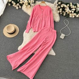 Women's Two Piece Pants Autumn Winter Autumn Winter Knitted Warm Suit Fashion Metal Single Breasted Cardigan Sweater Wide Leg Tracksuits 2pcs Female Trouser Set 2023