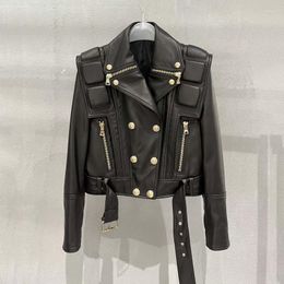 Women's Leather Genuine Jacket Turn-Down Collar 2023 Fshion Short Length Locomotive Type Women Coat Spring And Autumn