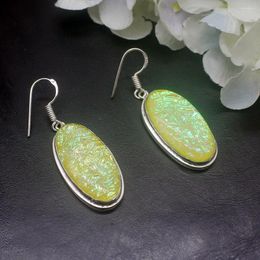 Dangle Earrings Fantasy Charm Yellow Dichroic Glass Fashion Silver Color For Women Ladies Hook Drop 1 7/8 Inch HD845