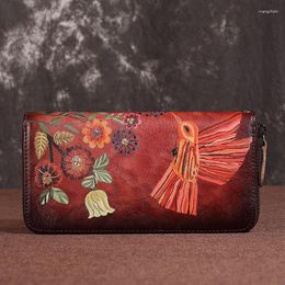 Wallets Genuine Leather Wallet Top Layer Cowhide Long Style Unisex Handbag Multi Functional Vintage Money Bag Floral Pattern