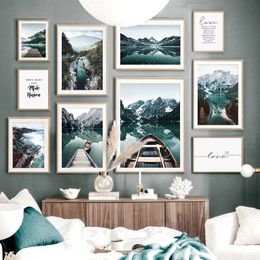 Canvas Painting Nordic Style Lake Boat Nature Mountain Landscape Posters Print Wall Art Pictures for Living Room Bedroom Home Decoration No Frame Wo6