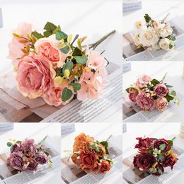 Decorative Flowers Artificial Vintage Hydrangea Peony Flower Bouquet 30cm Silk Rose For DIY Home Table Wedding Decoration Accessories