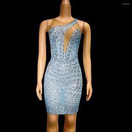 Stage Wear 2023 Nightclub Bar Performance Costumes Blue Perspective Rhinestones Dress Women Gogo Dancers Pole Dance Clothing