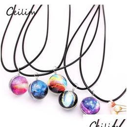 Pendant Necklaces Fashion Dreamy Starry Neba Space Galaxy Universe Necklace Double-Sided Glass Ball Black Letter Chain Women Girls D Otl7K