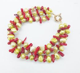 Strand Finally 9PCS/ Lot Bracelet 3 Rows Of Natural Baroque Pearls And Red Coral Bracelets 8.5"