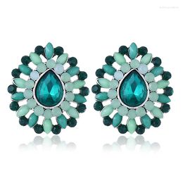 Stud Earrings Chunky Blue Crystal Green Simulated Opal Rhinestone Hollow For Women Girls Bohemian Drop Shaped Ear Jewellery