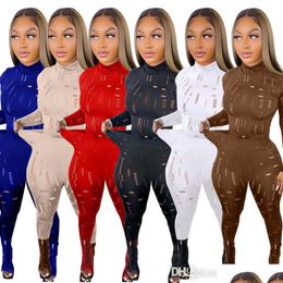 Women'S Tracksuits Women Elastic Sexy Hole High Neck Long Sleeve Top And Leggings Set For Spring Autumn 2023 Drop Delivery Apparel W Dhwmf