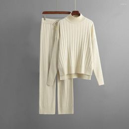 Women's Two Piece Pants 2Pcs/Set Women Knitting Sweater Wide Leg Set Solid Colour Outfit Half High Collar Drawstring Trousers