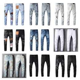 New Arrival Men's Blue Slim Fit Streewear Fashion Distressed Skinny Stretch Paited Printing Ribs Patchwork Ripped Jeans 28-40