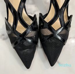 lady fashion women shoes Black leather Mesh Criss-Cross strappy pointy toe stiletto stripper High heels Prom Evening pumps large