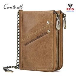 Wallets Contact's Genuine Leather Men Rfid Wallet with Anti Theft Chain Card Holders Male Short Wallet Double Zipper Coin Purse Vintage