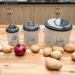 Storage Bottles 3pcs/set Kitchen Vegetable Onion Garlic Potato Canisters Bucket Round Metal Bin With Lid Long Shelf Life White