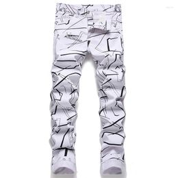 Men's Jeans White Digital Print Denim Trousers Design Casual Pants European And American Style Straight Brand