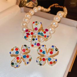 Pendant Necklaces Minar Luxury Multicolor Rhinestone Flowers Choker For Women Big Imitation Pearl Beads Strand Necklace Jewellery