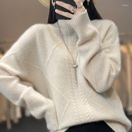 Women's Sweaters Autumn Winter Thickened Knitted Half High Collar Twisted Pure Woollen Shirt With Loose And Versatile Underlay