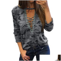 Women'S T-Shirt Women Sexy Camouflage V Neck Lace Up Halter Top Shirt Ladies Loose Bandege Camo Tee Tracksuit Female Sudadera Drop D Dhzck