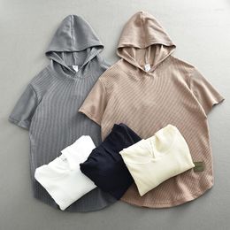 Men's T Shirts Summer American Simple Short-sleeved Hooded Thin Waffle Solid Color T-shirt Fashion Washed Loose Casual Sport Tops