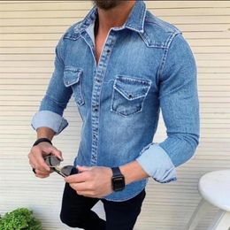 Men's Casual Shirts Men Fashion Denim Shirt Pockets Turn Down Collar Long Sleeve Outerwear Slim Buttons Cowboy Mens Clothing