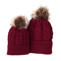 Berets Fashion Cute Winter Beanie Caps Pompon Warm Hats Fur Bobble Kids Cotton Knitted Parent-Child Hat For Mom And Baby
