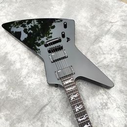 Hard Rock Ironic Metallic James Hetfield Gloss Black Electric Guitar Man to Wolf Inlay, EMG Active Pickup & 9V Battery Box, Black Hardware