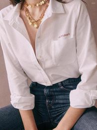 Women's Blouses ZESSAM Letter Embroidery Women White Shirt Turn-down Collar Long Sleeve Button Female Top Casual Classic Vintage Lady Blouse