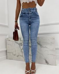 Women's Jeans 2023 Summer Fashion Pearls Button Decor Buttoned High Waist Casual Skinny Plain Daily Long Y2K Streetwear