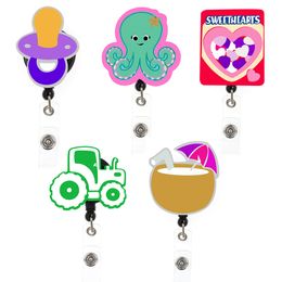 5 Pcs/Lot Fashion Key Rings Office Supply SWEETHEARTS Octopus Coconut Beach Badge Reel Plastic Acrylic Retractable Badge Holder With Alligator Clip