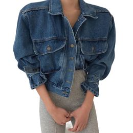 New fashion women's autumn turn down collar denim jeans puff long sleeve loose jacket coat