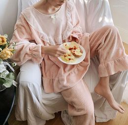 Women's Sleepwear Autumn Winter Women Lolita Striped Velvet Pyjama Sets.Lace Tops Long Pants.Vintage Ruffle Pyjamas Set.Warm Loungewear
