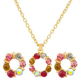 Necklace Earrings Set Fashion Colorful Crystal Earring For Women Hollow Round Charm Pendants Chain Necklaces Ear Studs Sets Wedding