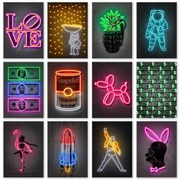 Neon Sign Graffiti Posters and Prints Street Pop Canvas Painting Art Wall Picture Balloon Dog Brick Living Room Bar Club Home Decor Gift No Frame Wo6