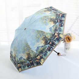 Umbrellas Blue Sky And White Clouds Creative Vintage Rain Umbrella Double Fold Korean Oil Painting Sunshade Sun UV Protection