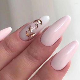 False Nails 24Pcs Solid Colours Almond Gold Leaf With French Design Wearable Fake Full Cover Press On Tips Art