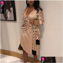 Street Style Dresses Women Polka Dot Spliced Wrap Dress Vneck Long Sleeve Spring Fall Elegant Bodycon Party Y200418 Drop Delivery Ap Dhcl9