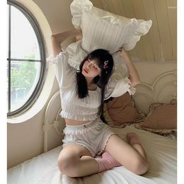 Women's Sleepwear Elastic Pink Stringy Selvedge Princess Pyjama Sets.Puff Sleeve Pleating Pyjamas Suit.Girl's Lolita Style Home