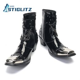 Boots Metal Pointed Toe Chelseas Rivet Buckle Chain Punk Style Ankle Men's Genuine Leather Shoes 65Cm High Heel Short 230818