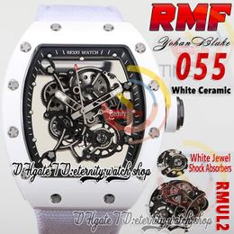 RMF 055 Herren Watch RMUL2 Mechanische handwindende weiße Keramikhülle graue Sandschrauben Skelett Zifferblatt schwarzer innerer Ring Nylon Lederband Super Edition Eternity Uhren