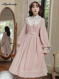 Casual Dresses Japanese Lolita Style Spring Autumn Women Midi Dress Stand Collar Pink Ruffles Princess Elegant Feminine Chiffon