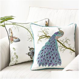 Cushion/Decorative Pillow Pastoral Embroidered Cushion Er 45X45Cm Peacock Butterfly White Decorative Pillows Boho Cotton Canvas Case D Dhhic