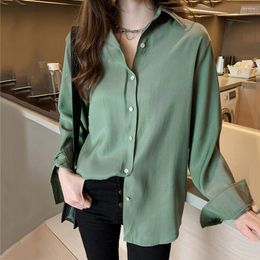 Women's Blouses 2023 Chic Loose Shirt Women Casual Cotton Solid Blouse Female Turn-down Collar Button Up Long Sleeve Summer Top