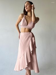 Women's Sleepwear Linad Pink Pyjamas For Women 2 Piece Sets Cotton Sleeveless V Neck Bra Female Suits With Skirts Peplum Summer Casual
