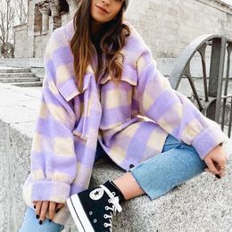 Womens Jackets Fashion Women Purple Plaid Woolen Shirts Elegant Ladies Oversize Long Shirt Vintage Female Stylish Thick Blouses Girls Chic 230818