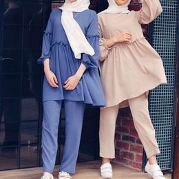 Ethnic Clothing Eid Mubarak Kaftan Dubai Abaya Turkey Muslim Hijab Set Women Musulman Ensembles 2 Piece Suits Blouse Wide Leg Pants